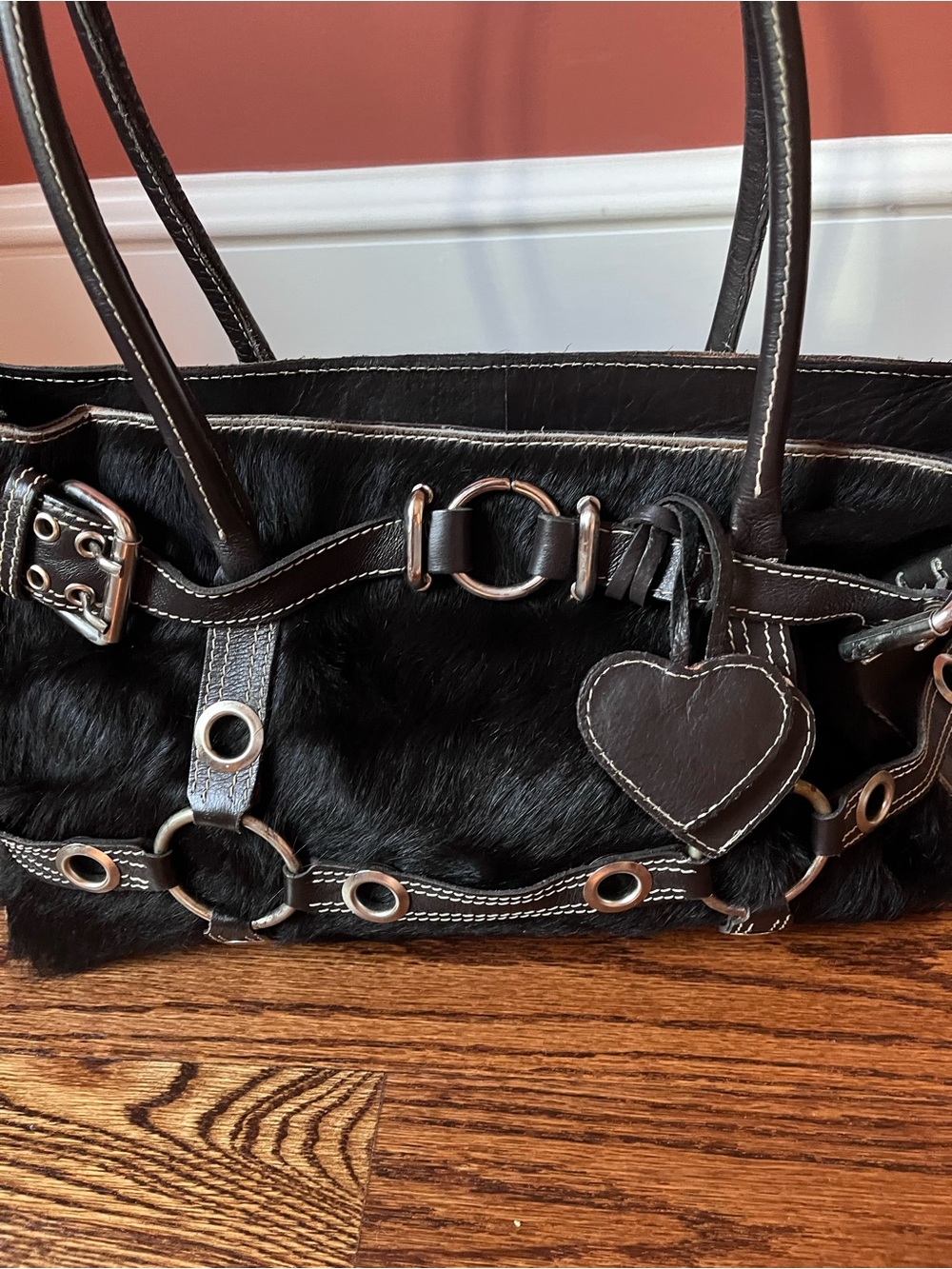 Luella black leather purse with pony hair, silver hardware& decorative stitching